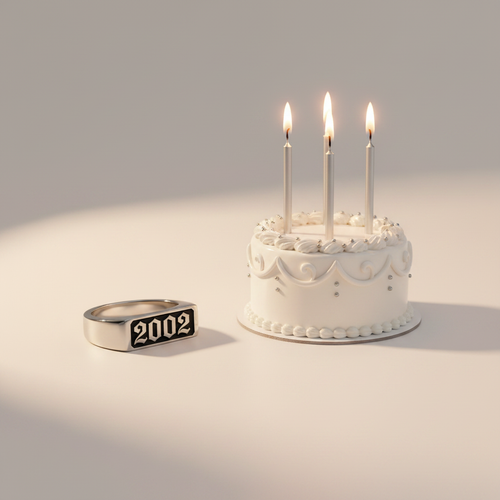 Birthdate ring beside a birthday cake with lit candles