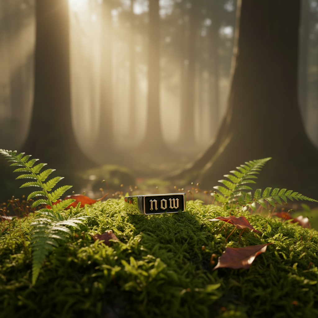 Now ring resting on mossy forest floor with morning mist and golden sunlight through trees