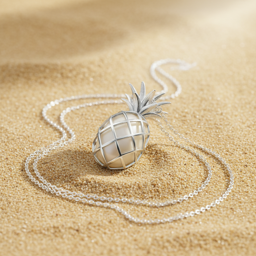 Ananas sterling silver pineapple necklace on sand
