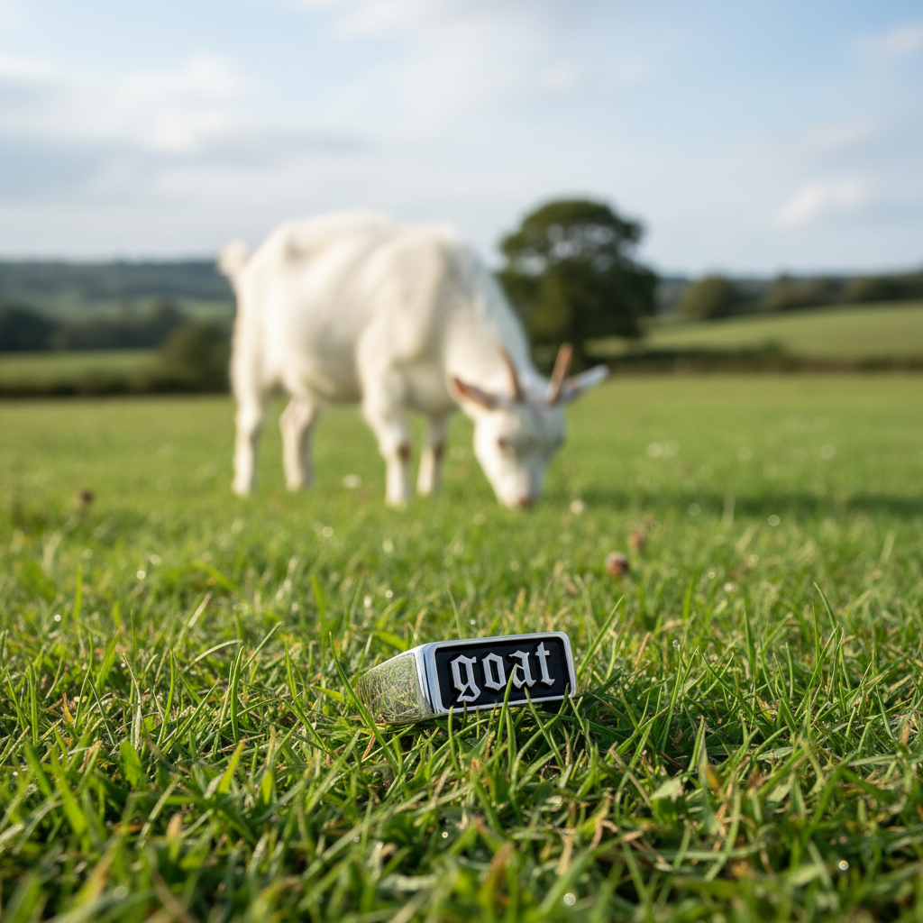 Goat ring lying on grass with a pure white goat in a natural meadow