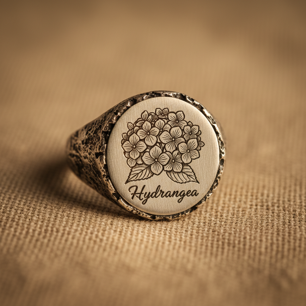 Hydrangea silver signet ring on linen