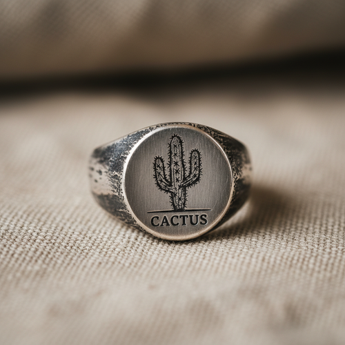 Cactus silver signet ring on linen