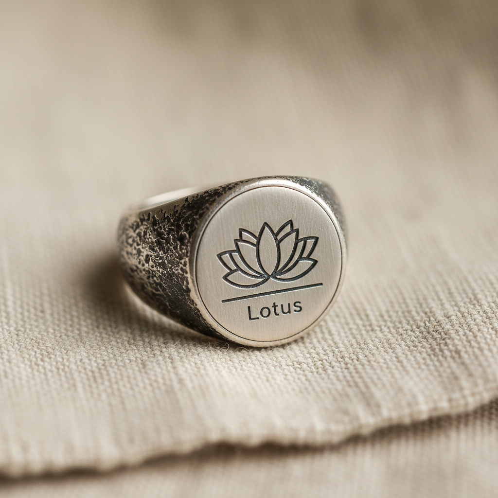 Lotus silver signet ring on linen