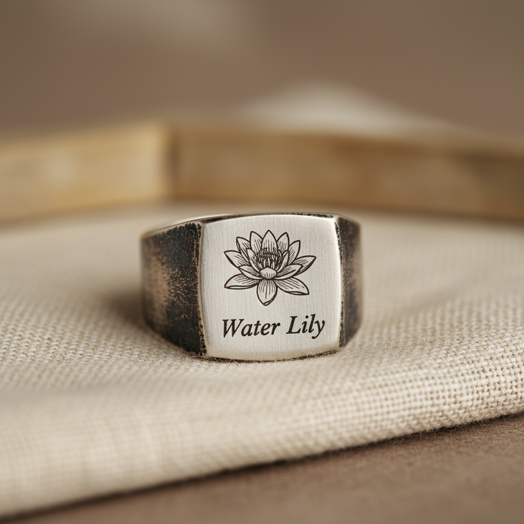 Water Lily silver signet ring on linen