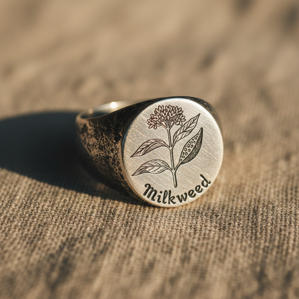 Milkweed silver signet ring on linen