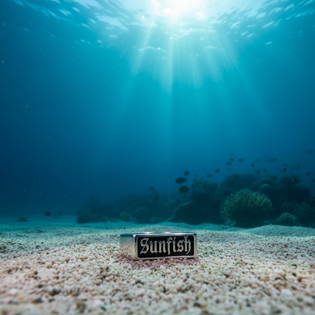 Sunfish ring resting on the ocean floor with sunlight rays filtering through deep blue water