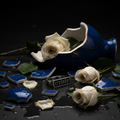 Crybaby ring among shattered vase pieces, scattered flowers and spilled water