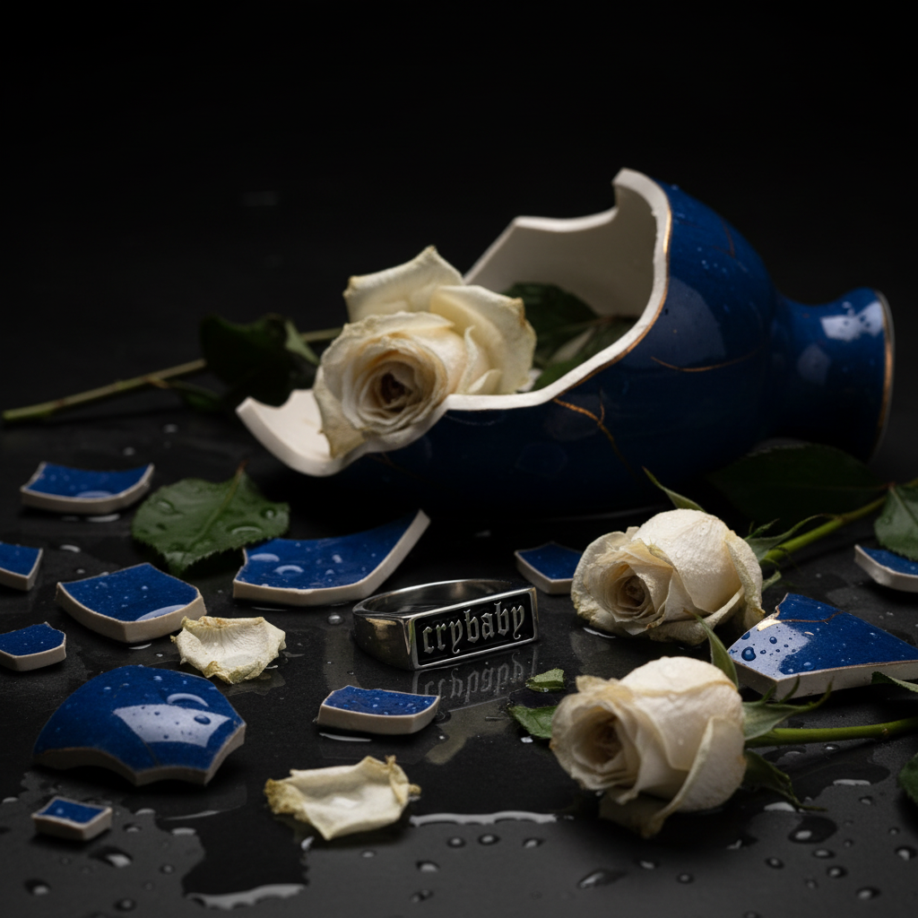 Crybaby ring among shattered vase pieces, scattered flowers and spilled water
