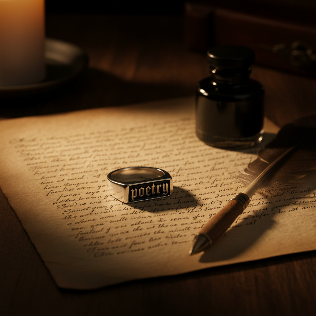 Poetry ring resting on aged manuscript paper with candlelight and quill pen