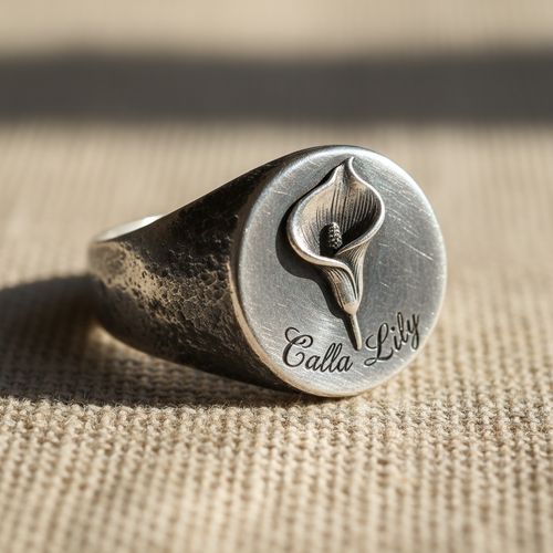 Calla Lily silver signet ring on linen